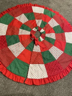 Vintage Quilted Christmas Tree Skirt 46” Patchwork Red Green White Ruffle - Image 1 of 4