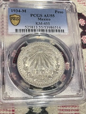 1934 M Mexico Silver Un Peso 🌟PCGS Gold Shield 💎💎AU55💎💎 - Image 1 of 4