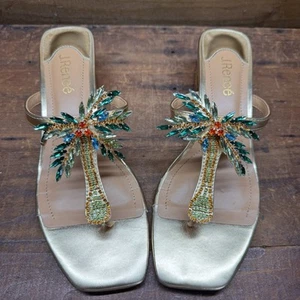 J. Renee Womens Palmy Gold Slip On Thong Heels Shoes Sandals 8.5 M Jeweled Palm - Picture 1 of 15