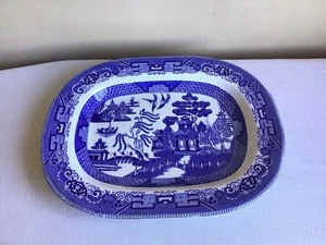 Vintage halbglasförmige Büffel Keramik Blue Willow Chinoiserie ovale Servierplatte - Bild 1 von 12