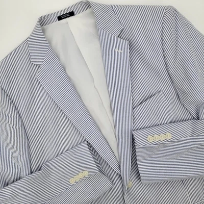 Chaqueta Blazer Seersucker 44L Saddlebred Para Hombres Azul/Blanco Rayas 100% Algodón Foto 1 de 4