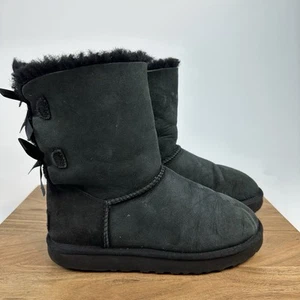 Womens Ugg Bailey Bow II Black Sheepskin Suede Mid Calf Boots Booties Size 7 M - Picture 1 of 8
