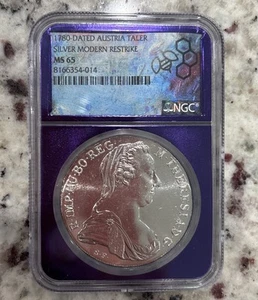 1780 Dated Austria Taler Traderbea Purple Core- Modern Restrike - NGC MS65 - Picture 1 of 2