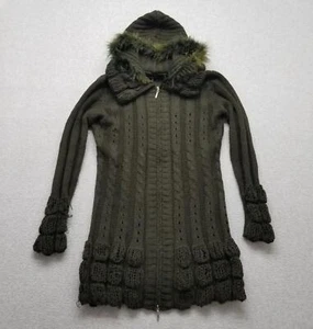 Lapis Jacket Womens Medium Green Sweater Full Zip Hooded Fur - Picture 1 of 15