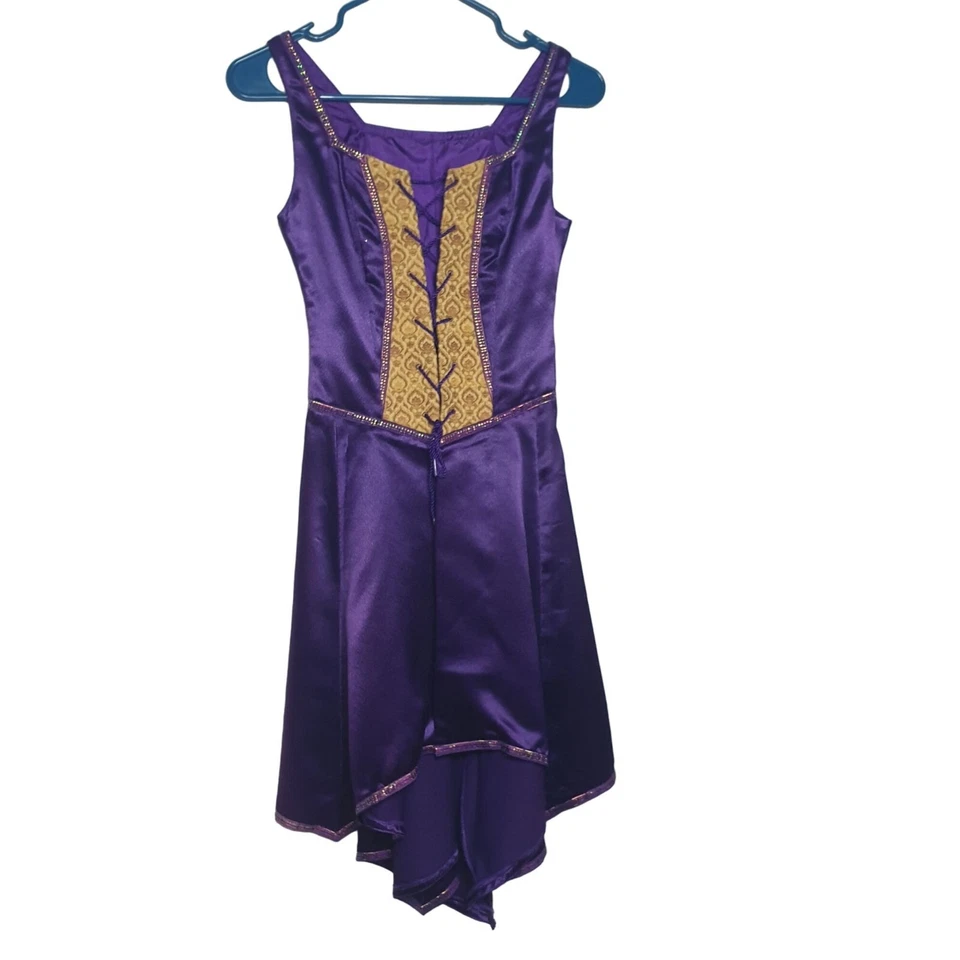 Vestido medieval renacentista para mujer S púrpura satinado detalles dorados asimétrico  Foto 1 de 4