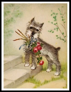 SCHNAUZER MIT BLUMEN SCHÖNER KUNSTDRUCK POSTER VINTAGE STIL HUND - Bild 1 von 1