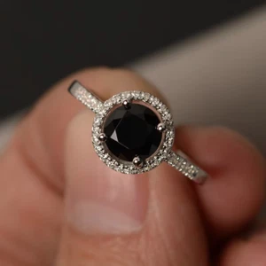 1.20Ct Round Cut Lab-Created Black Diamond Engagement Ring 14K White Gold Plated - Picture 1 of 9
