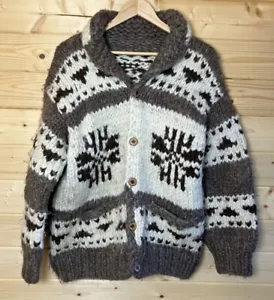 VTG NATIVE CANADIAN HAND KNIT COWICHAN CARDIGAN SALISH INDIAN ROCKABILLY LARGE - Picture 1 of 12