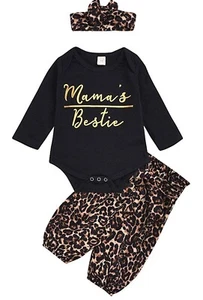 0-3m Baby Girl Outfits Long Sleeve Black Romper + Leopard Pant + Headband Outfit - Picture 1 of 1