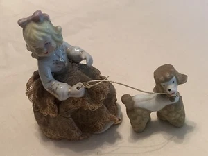 Japan Figurine Girl With Poodle Green Good Condition - Picture 1 of 10