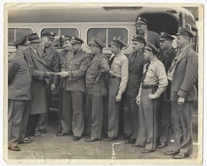 Old Black & White Photo Group of Bus Drivers & Old Bus - Picture 1 of 2
