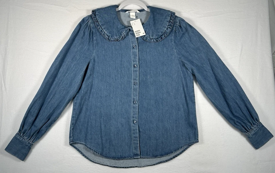 H&M Denim Ruffle Statement Round Collar Blouse Blue Long Sleeve Size S - Image 1 of 4