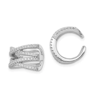Sterling Silver Polished Cubic Zirconia Double 'X' Single Cuff Hoop Earring - Picture 1 of 4