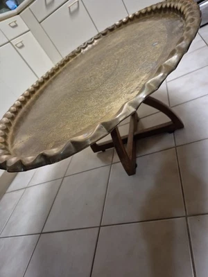 Vintage MCM BASE Moroccan Brass Tray Top  Coffee Table 45x28  Oval Piecrust  - Image 1 of 4