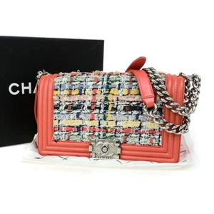 CHANEL CC Logo Boy Chain Shoulder Bag Tweed Leather Orange SHW France 332RK838 - Picture 1 of 16