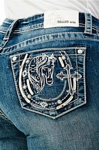 Grace in LA Women's Western Horseshoe & Horse Embroidered Bootcut Stretch Jeans - Picture 1 of 3