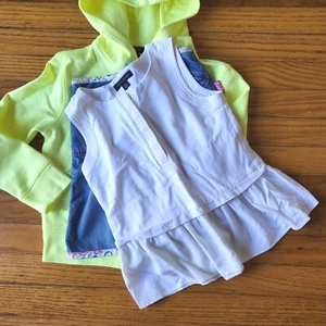 Girls Neon yellow Gap jacket/ tommy Hilfiger dress and Exioboy jean skirt-6yr - Picture 1 of 7