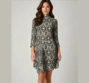 H&M Black Cream High Neck Printed Knit Long Sleeve Sweater Dress size Medium - Picture 1 of 12