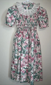 VTG 1990s Amarini Floral Smocked Pink Green Girls Party Dress ~ Size 8 - Picture 1 of 13