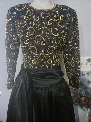 Vintage dress Oleg Cassini black tie beaded size 8 black gold - Image 1 of 4