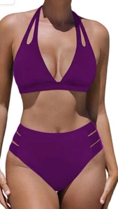 Women’s Bikini Set High Waisted Bathing Suit V Neck Size M 2 Piece Purple - Picture 1 of 4