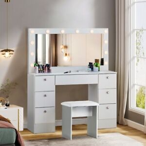 White Makeup Desk Large Dressing Table LED Bulbs Mirror 7 Drawers Stool Vanity
