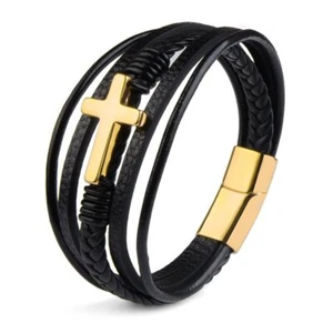 Pulsera Cruz Multicapa Clásica Acero Inoxidable Hombre Regalo Moda Cuero - Imagen 1 de 14