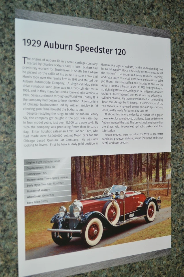 1929 AUBURN SPEEDSTER 120 INFO SPEC SHEET PHOTO FEATURE PRINT 29★★B - Image 1 of 1