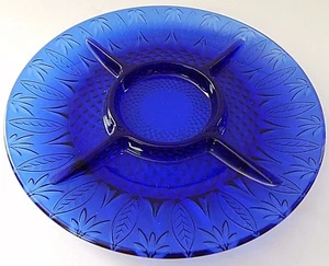 Avon Royal Sapphire Cobalt Blue Glass Divided Serving Plate Leaf Pattern France - Picture 1 of 12