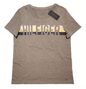 DAMEN T-SHIRT TOMMY HILFIGER STREIFEN ENTSPANNTE PASSFORM T-SHIRT GRAU GOLD SILBER MARINEBLAU M - Bild 1 von 3