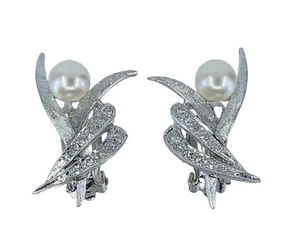STUNNING SOLID 14K WHITE GOLD 0.2 TCW DIAMOND PEARL CLIP-ON EARRINGS ~ 1" / 7.6g - Picture 1 of 19