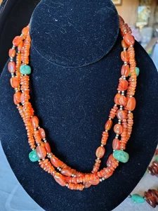 Vintage Sterling Silver Carnelian Chrysoprase Multi Strand Gemstone Necklace 18" - Picture 1 of 16