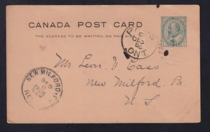 Canada 1906 used KGV 1¢ Postal Card sc#UX22 Type 6 ONT to USA, duplex cancel - Picture 1 of 1