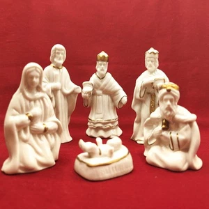 Porcelain White Ceramic Nativity Set w/ Gold Trim -6pcs - Christmas, Jesus, Mary - Picture 1 of 13