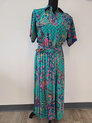 Vtg 80s Leslie Fay Sz 12 Floral Paisley Shirt Waist Pleated Dress Maxi Belt - Image 1 of 4