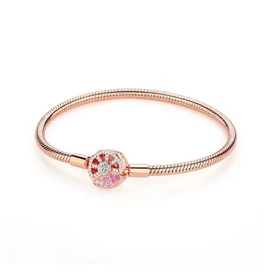 925 Sterling Silver Bracelet Bangle Snake Chain Love Heart Clip Charms Rose Gold - Image 1 of 4