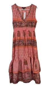 Chaudry KC Damen L Seidenkleid Koralle Paisley Stufen V-Ausschnitt Boho BRANDNEU - Bild 1 von 5