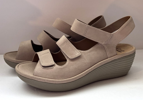 Nuovo! Sandali Clarks Reedly Juno in pelle con zeppa beige morbidi ammortizzati da donna taglia 11 W