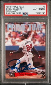 DEION SANDERS SIGNED AUTOGRAPH 1993 TRIPLE PLAY PRIMETIME NICKNAMES PSA/DNA