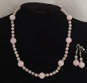 Lovely Rose Quartz Beads Rhinestone Rondels Necklace & Dangle ER Set 22 inch - Picture 1 of 6