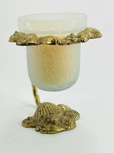 Vintage Beach Nautical Seashell Brass Crackle Glass Candle Holder Votive 4.75"T - Picture 1 of 10