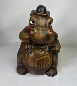 Vintage Cottagecore Brown Earthtones Hippo Love Hippy Cookie Jar Hand Painted - Picture 1 of 14