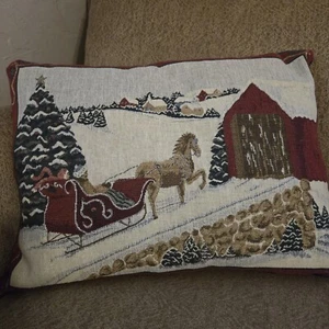 Vintage Weihnachten Santa Schlitten Gobelin Kissen grün Cord Rücken - Bild 1 von 4