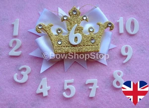 White Birthday Crown Badge Age Number Hair Bow Ribbon Girls Alligator Clip 🇬🇧 - Picture 1 of 13