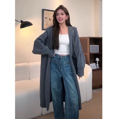 OFF WHITE Cappotto trench sopra il ginocchio stile coreano donna medio lungo cappotto cardigan maglione nuovo