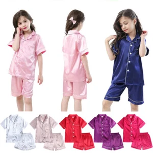 Boys Girls Silk Pyjamas Set Nightwear Tops Pants Pjs Satin Sleepwear Outfits - Picture 1 of 19