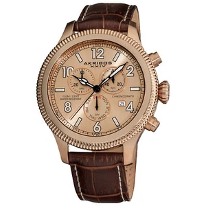 New Men's Akribos XXIV AK575BR Swiss Chronograph Day/Date Brown Leather Watch - Picture 1 of 9