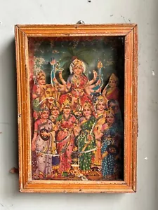 DE COLECCIÓN DIOS HINDÚ MA DURGA IMPRESIÓN LITOGRÁFICA PARED TEMPLO MADERA VIDRIO ESCAPARATE MARCO - Imagen 1 de 12