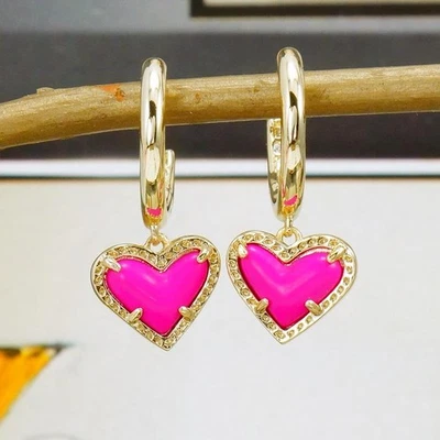 NWT Kendra Scott Ari Heart Huggie Earrings Magenta Flo Pink Gold - Image 1 of 4