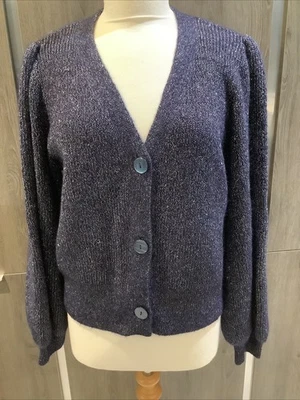 OLIVER BONAS Navy Blue Silver Metallic Thread Balloon Sleeve Cardigan- Size 16 - - Image 1 of 4